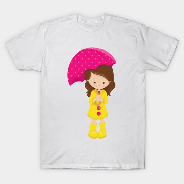 Girl In Raincoat, Girl With Umbrella, Brown Hair T-Shirt by Jelena Dunčević